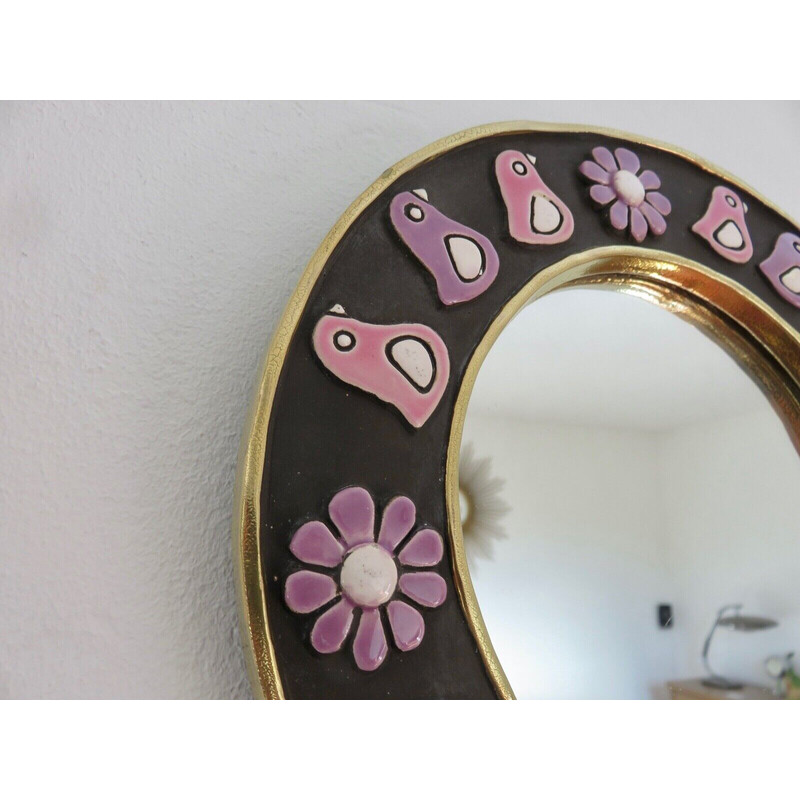 Round vintage wall mirror in enamelled clay by Mithé Espelt, France 1970s