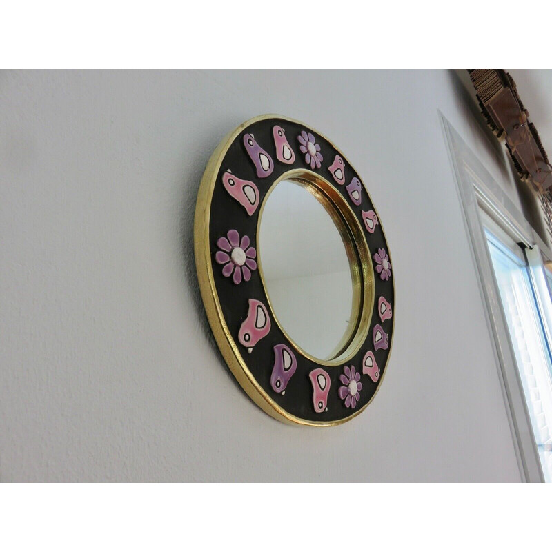 Round vintage wall mirror in enamelled clay by Mithé Espelt, France 1970s