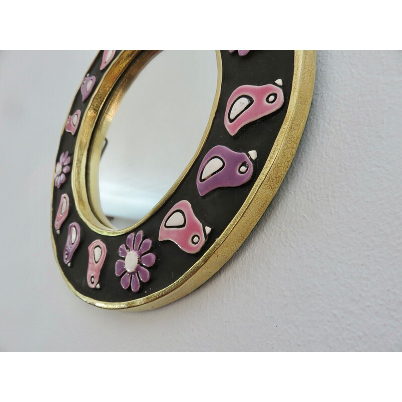 Round vintage wall mirror in enamelled clay by Mithé Espelt, France 1970s