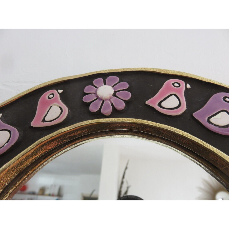 Round vintage wall mirror in enamelled clay by Mithé Espelt, France 1970s