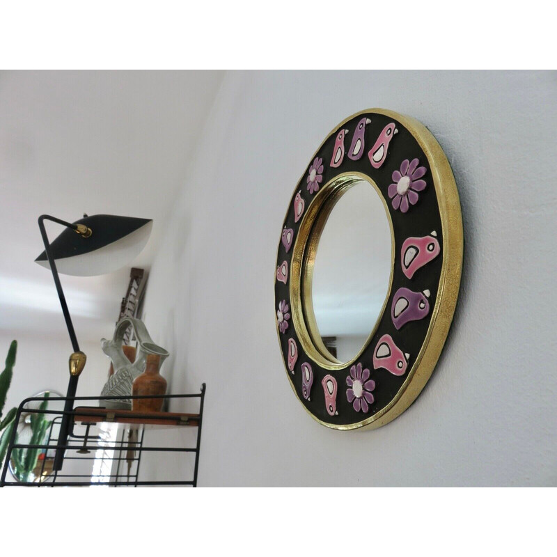 Round vintage wall mirror in enamelled clay by Mithé Espelt, France 1970s