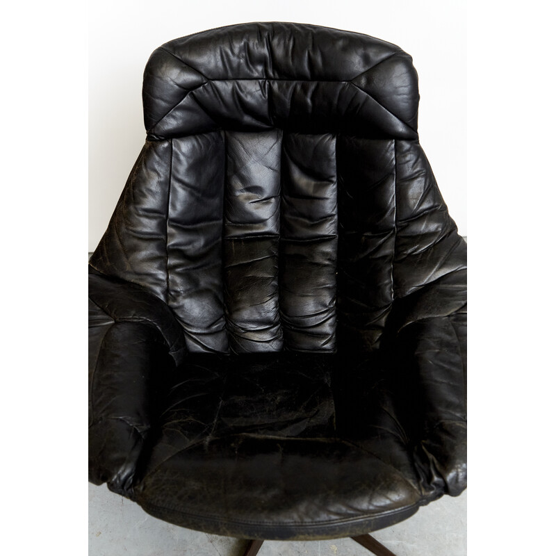 Vintage swivel leather armchair with ottoman by H.W. Klein for Bramin