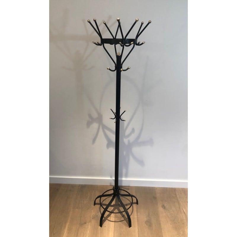 Vintage coat rack in black lacquered metal and brass, France 1950s