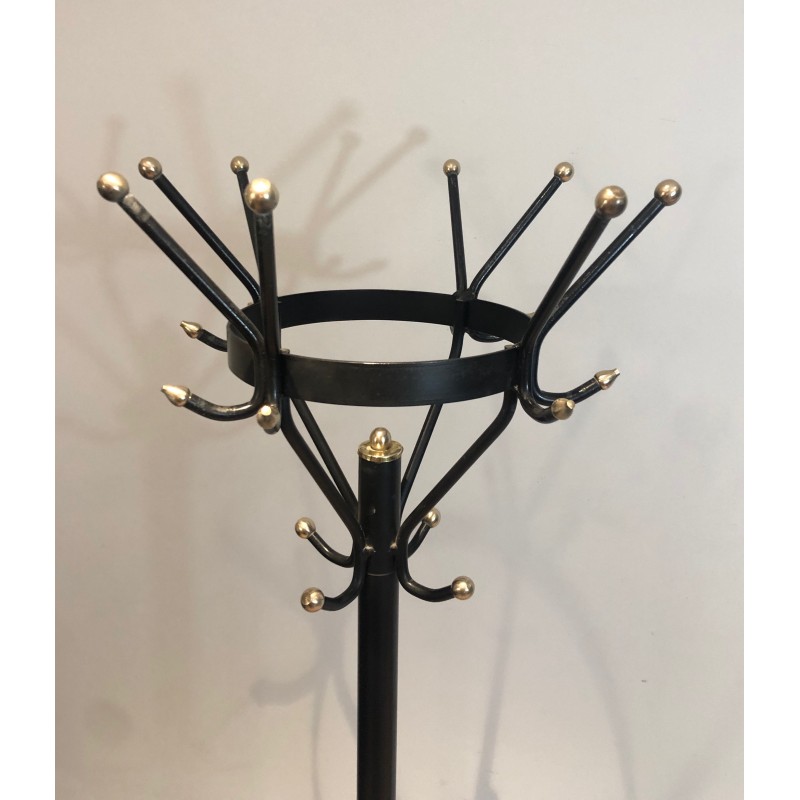 Vintage coat rack in black lacquered metal and brass, France 1950s