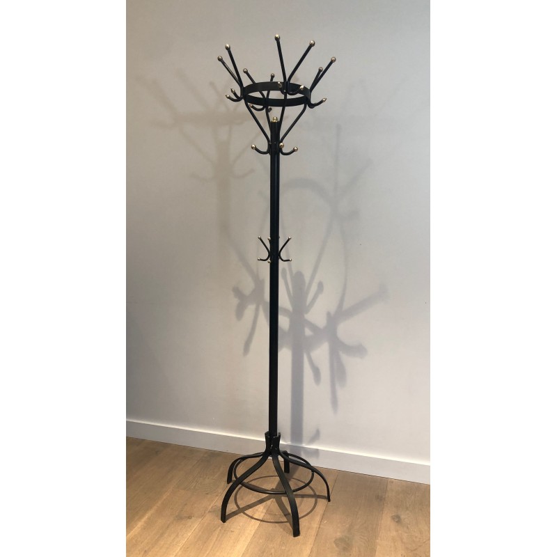 Vintage coat rack in black lacquered metal and brass, France 1950s