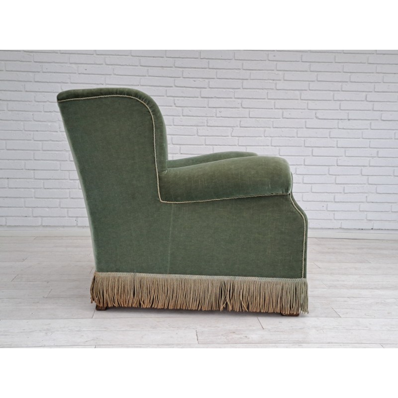 Vintage oakwood and velvet lounge chair for Fritz Hansen, Denmark 1960s