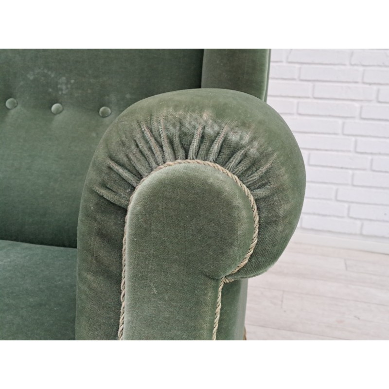 Vintage oakwood and velvet lounge chair for Fritz Hansen, Denmark 1960s