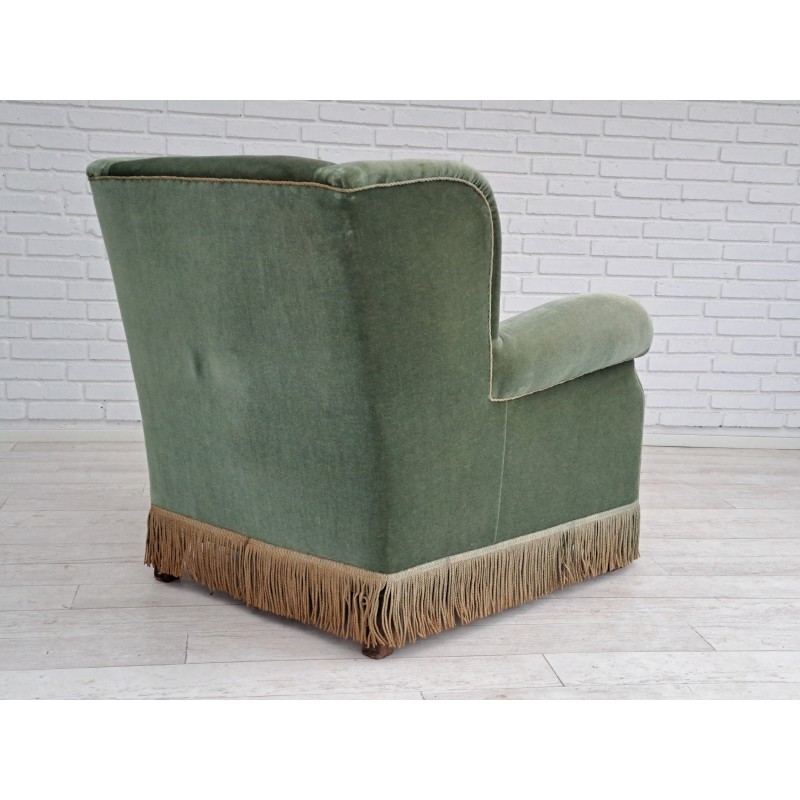 Vintage oakwood and velvet lounge chair for Fritz Hansen, Denmark 1960s