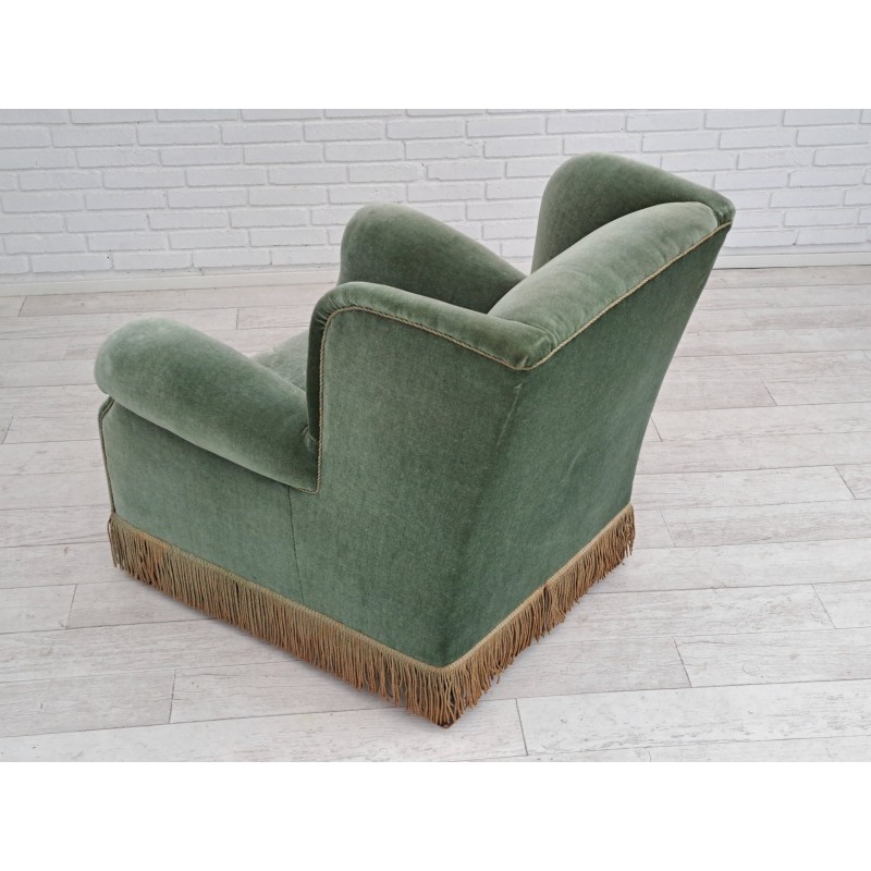 Vintage oakwood and velvet lounge chair for Fritz Hansen, Denmark 1960s