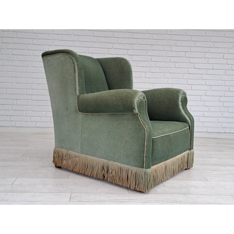 Vintage oakwood and velvet lounge chair for Fritz Hansen, Denmark 1960s