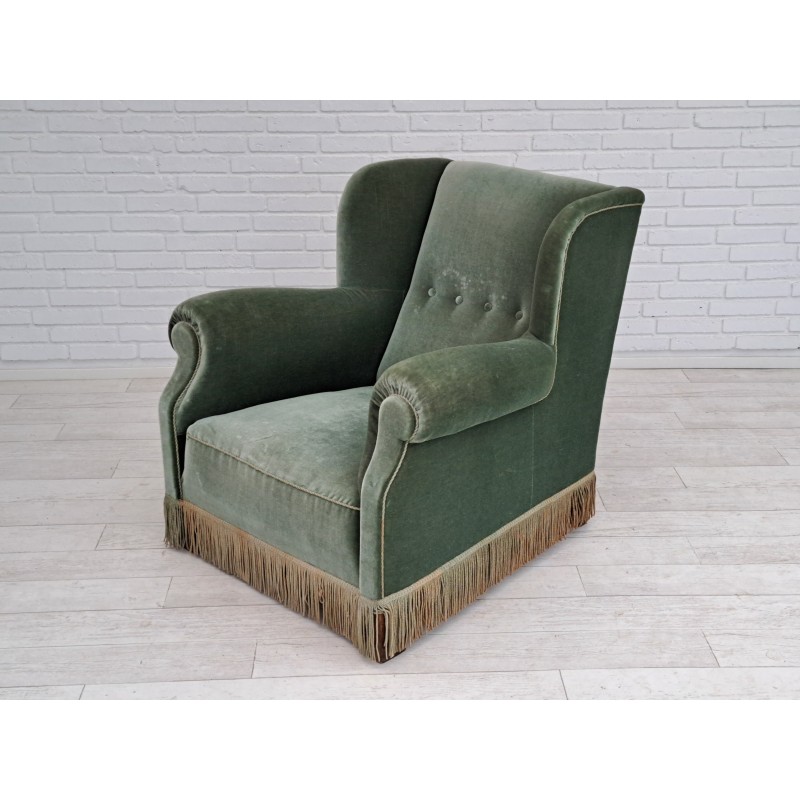 Vintage oakwood and velvet lounge chair for Fritz Hansen, Denmark 1960s