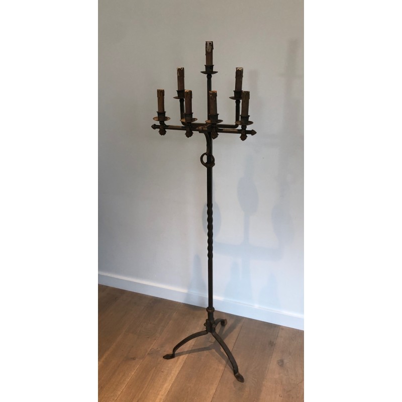 Vintage wrought iron and gilded floor lamp by Parquet, France 1940s