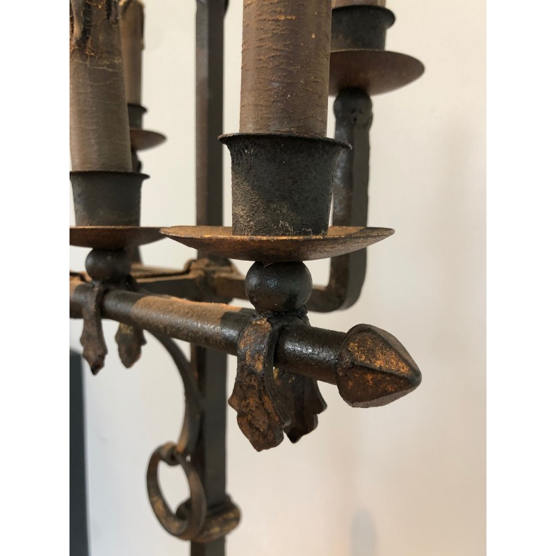 Lámpara de pie vintage de hierro forjado y dorado de Parquet, Francia 1940
