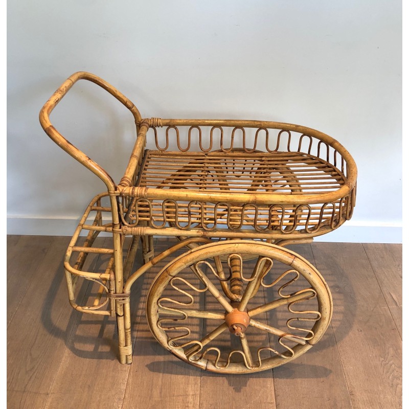 Carrello vintage in rattan di Audoux Minet, Francia 1970