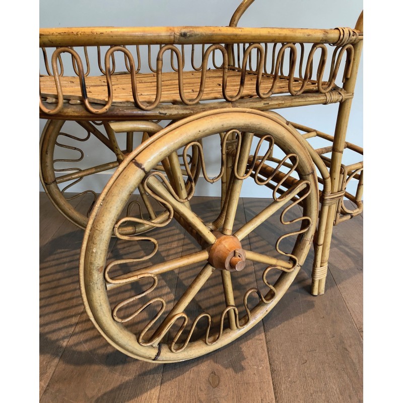 Carrello vintage in rattan di Audoux Minet, Francia 1970