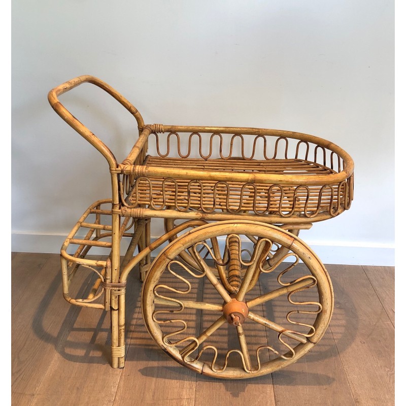 Vintage rattan trolley by Audoux Minet, France 1970s