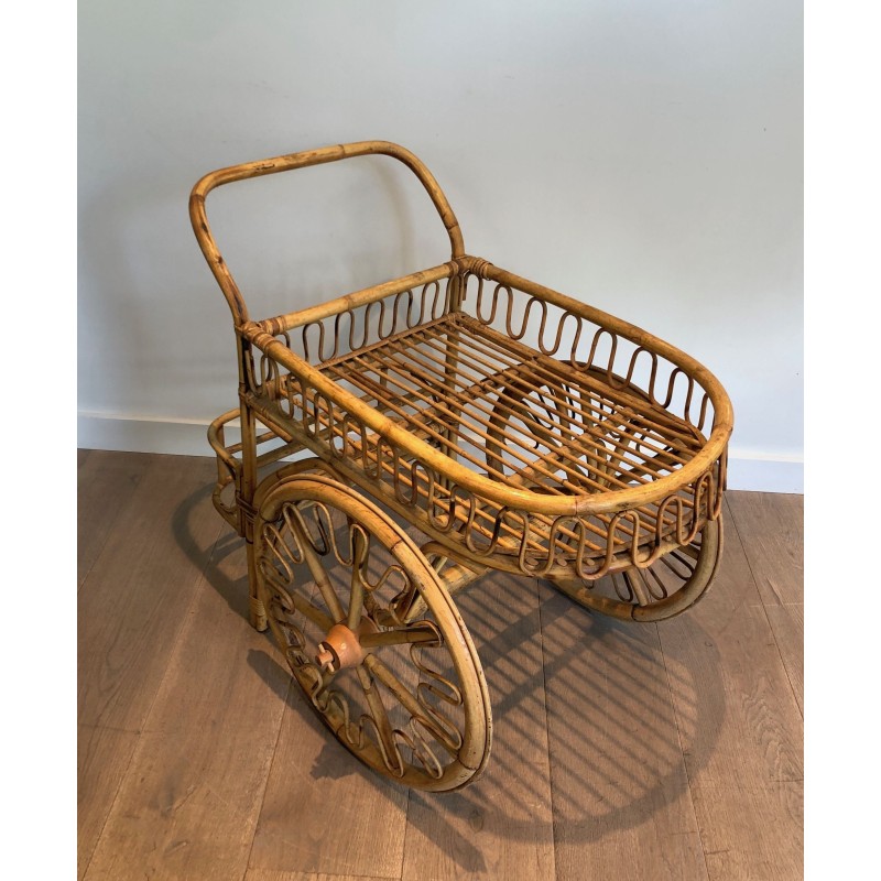 Carrinho Vintage rattan por Audoux Minet, França 1970