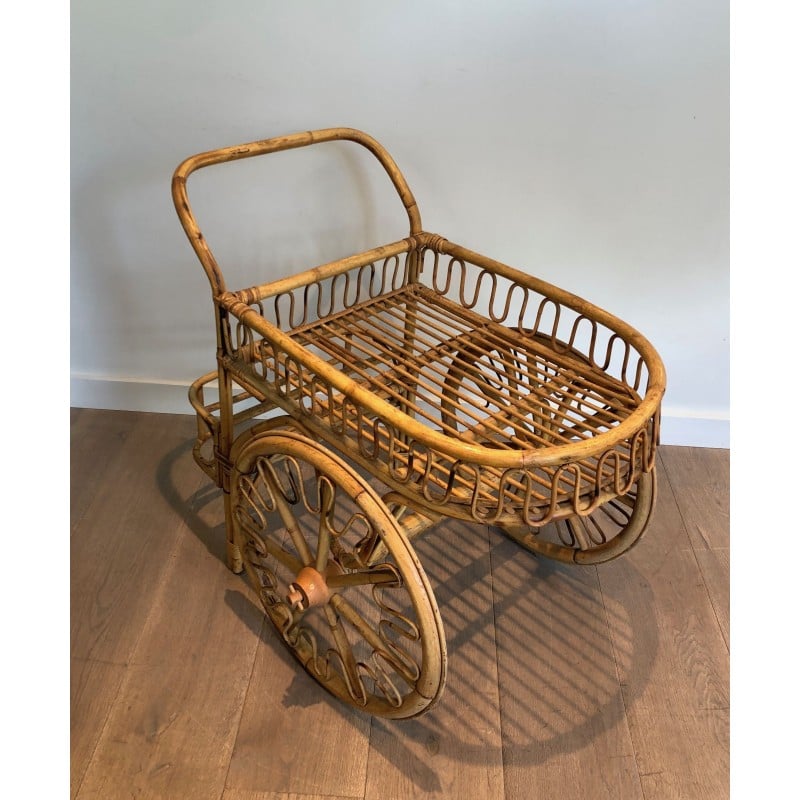 Vintage rattan trolley by Audoux Minet, France 1970s