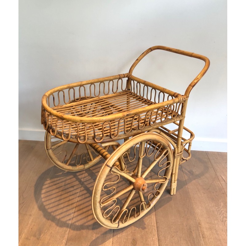 Carrello vintage in rattan di Audoux Minet, Francia 1970