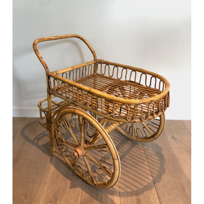 Carrello vintage in rattan di Audoux Minet, Francia 1970