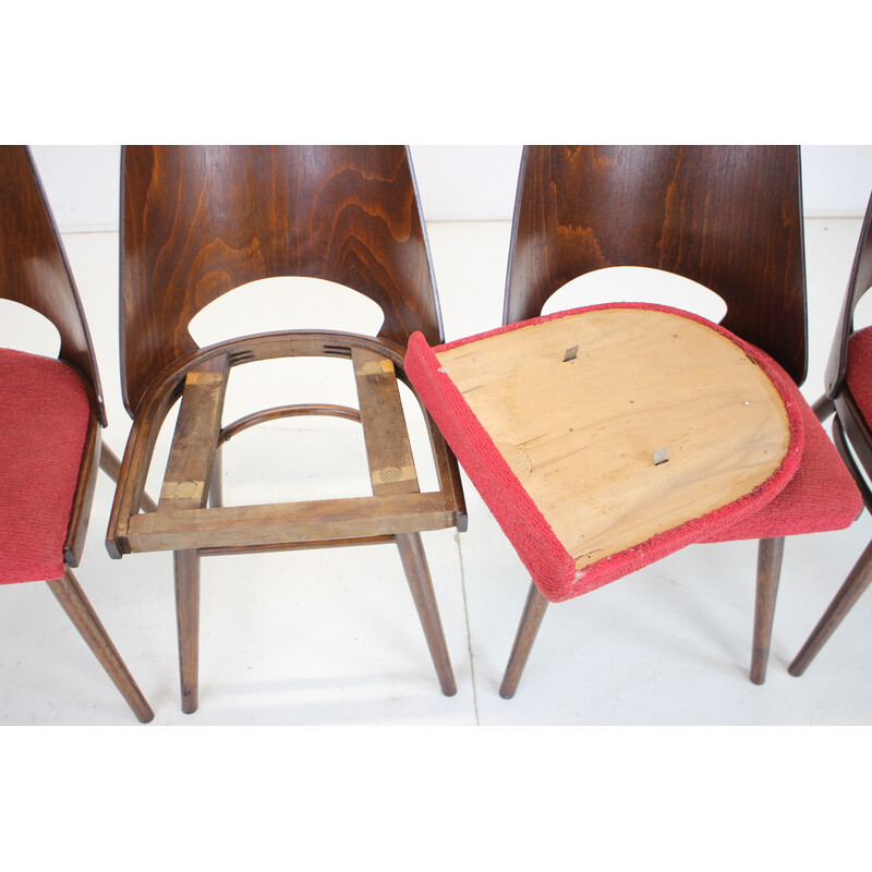 Juego de 4 sillas de comedor vintage en madera y tela de Oswald Haerdtl para Thonet, Checoslovaquia años 60