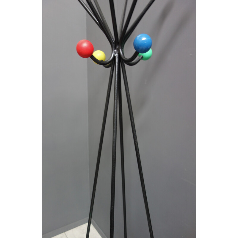 Vintage coat rack in metal and colored wood by Roger Feraud for Mcm, France 1960