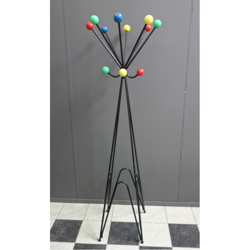 Vintage coat rack in metal and colored wood by Roger Feraud for Mcm, France 1960