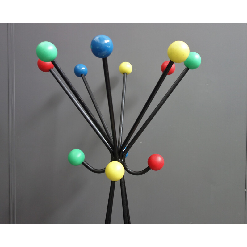 Vintage coat rack in metal and colored wood by Roger Feraud for Mcm, France 1960