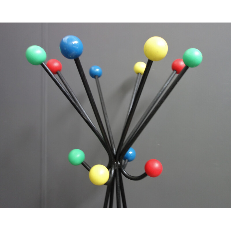 Vintage coat rack in metal and colored wood by Roger Feraud for Mcm, France 1960