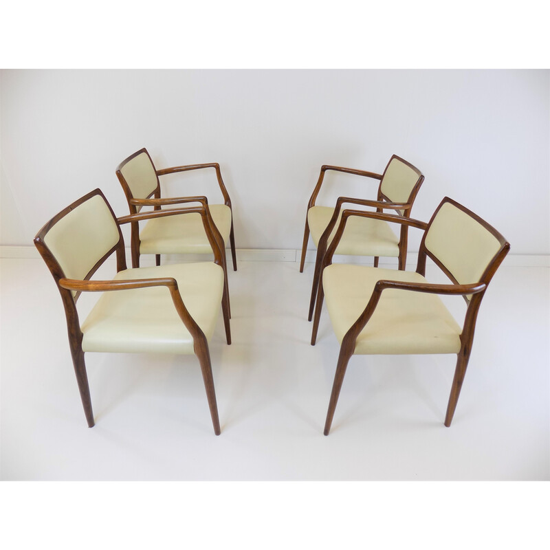 Set of 4 vintage model 65 leather and rosewood armchairs by Niels O. Møller for Møller