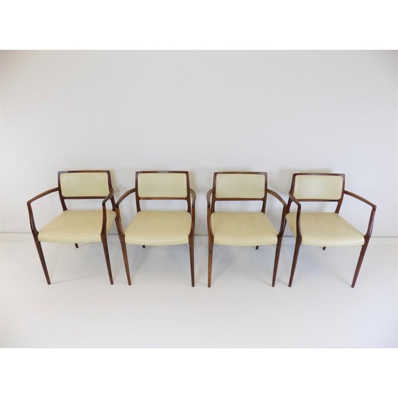 Set di 4 poltrone vintage modello 65 in pelle e palissandro di Niels O. Møller per Møller