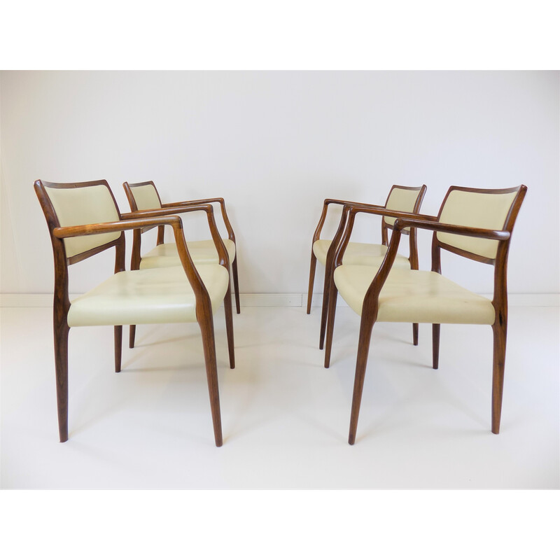 Set of 4 vintage model 65 leather and rosewood armchairs by Niels O. Møller for Møller