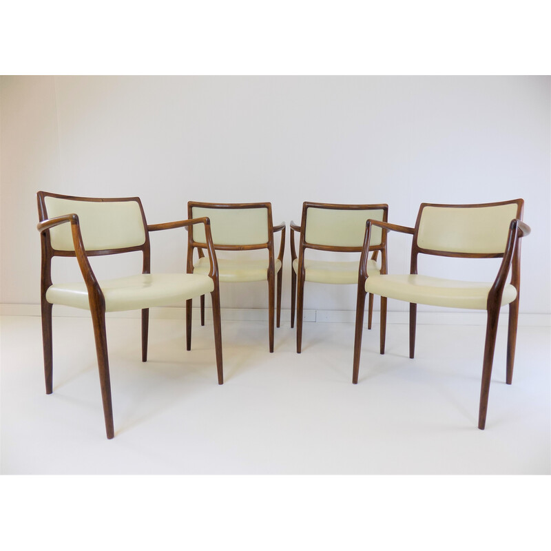 Set of 4 vintage model 65 leather and rosewood armchairs by Niels O. Møller for Møller