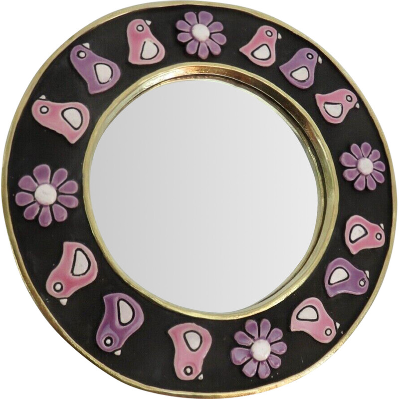 Round vintage wall mirror in enamelled clay by Mithé Espelt, France 1970s