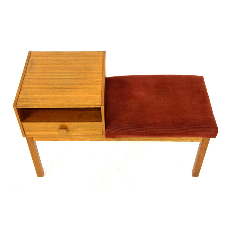 Vintage teak, beechwood and burgundy velvet telephone bench, Sweden 1960s