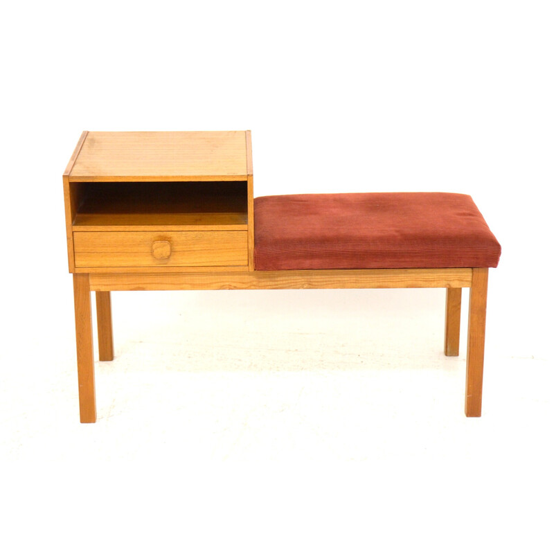 Vintage teak, beechwood and burgundy velvet telephone bench, Sweden 1960s