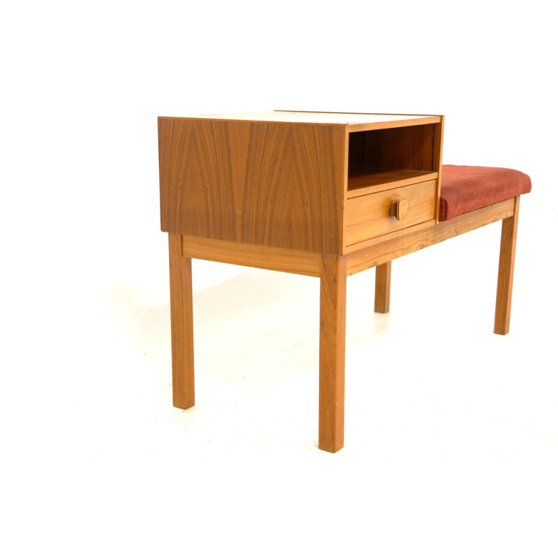 Vintage teak, beechwood and burgundy velvet telephone bench, Sweden 1960s