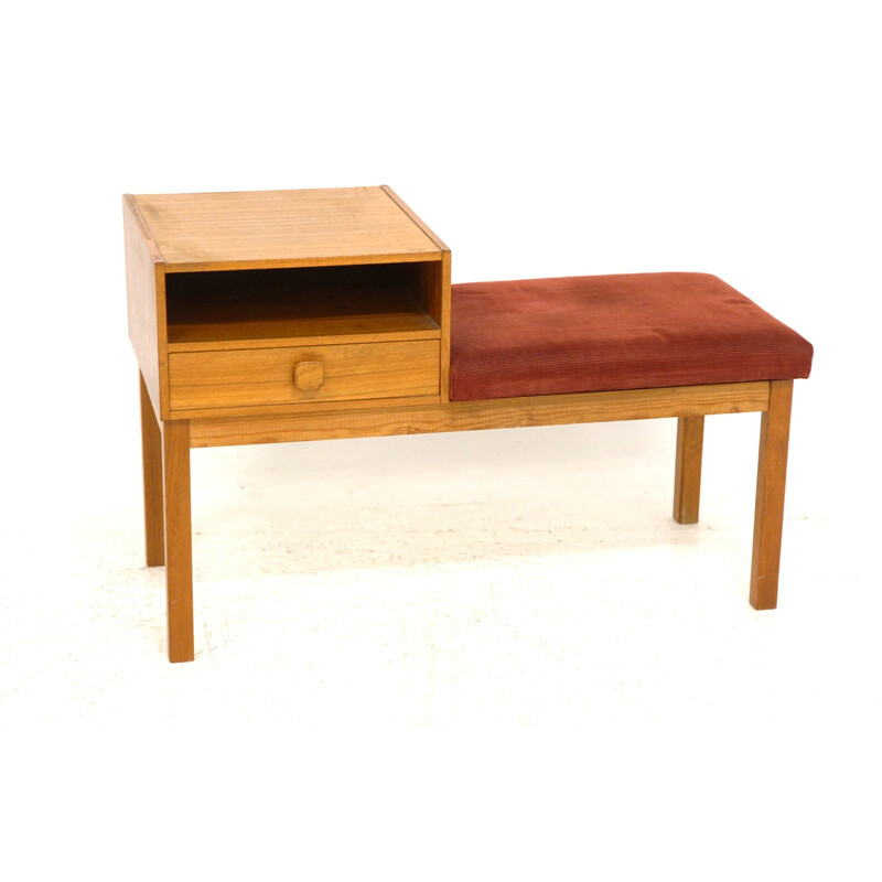 Vintage teak, beechwood and burgundy velvet telephone bench, Sweden 1960s