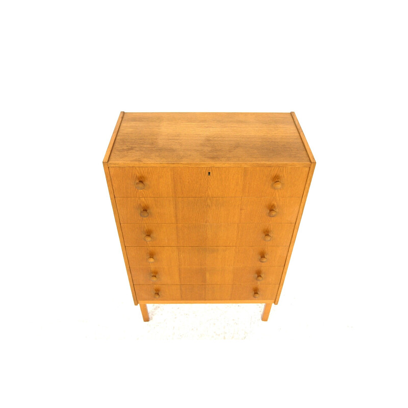Vintage tallboy chest of drawers in oakwood and beechwood, Sweden 1960s