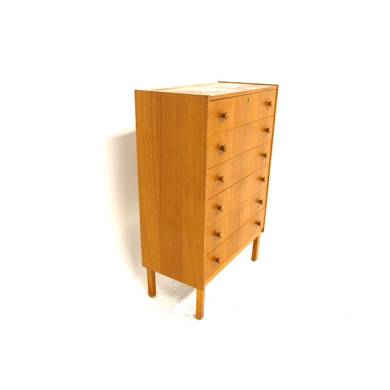 Vintage tallboy chest of drawers in oakwood and beechwood, Sweden 1960s