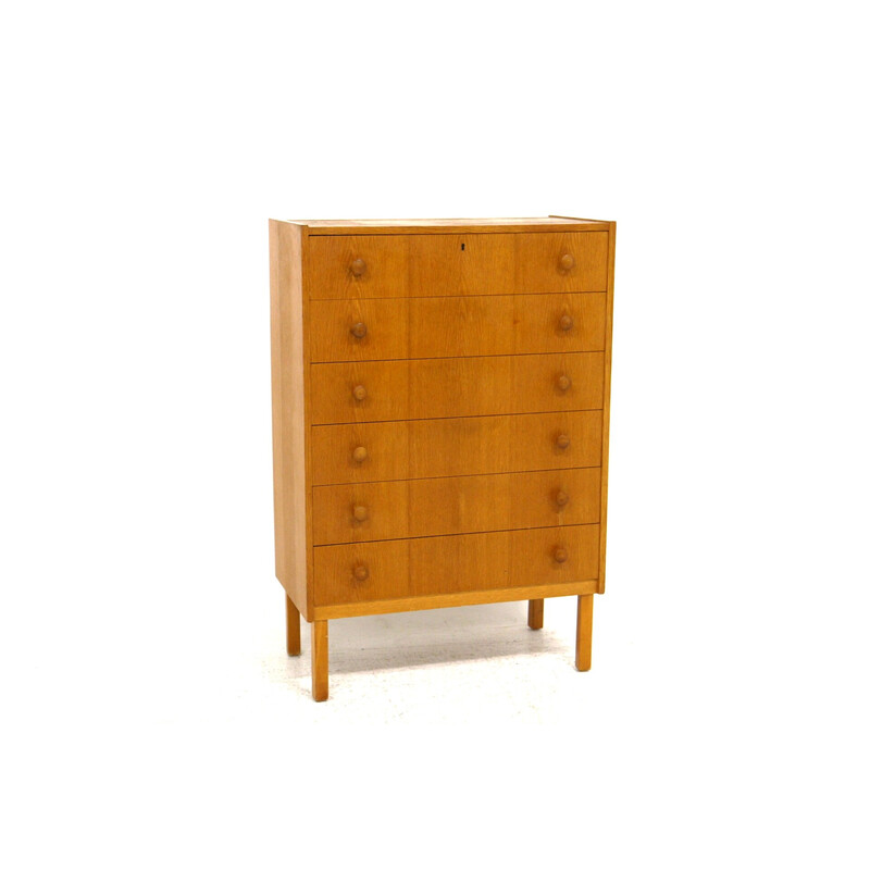 Vintage tallboy chest of drawers in oakwood and beechwood, Sweden 1960s