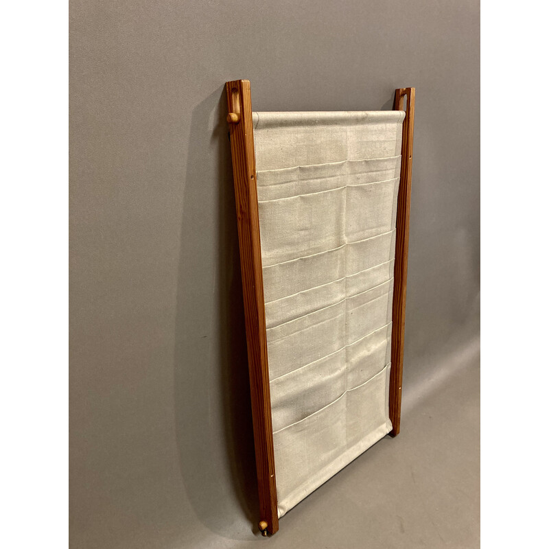 Scandinavian vintage magazine rack in pine and cotton, 1950s