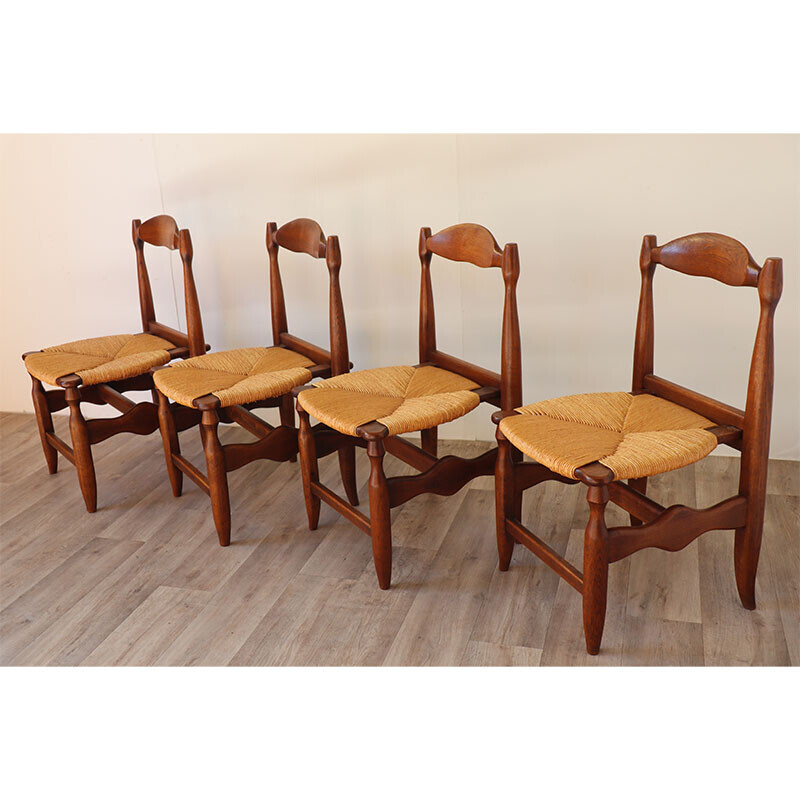 Lot de 4 chaises vintage en chêne et paille par Guillerme et Chambron pour Votre Maison, 1960