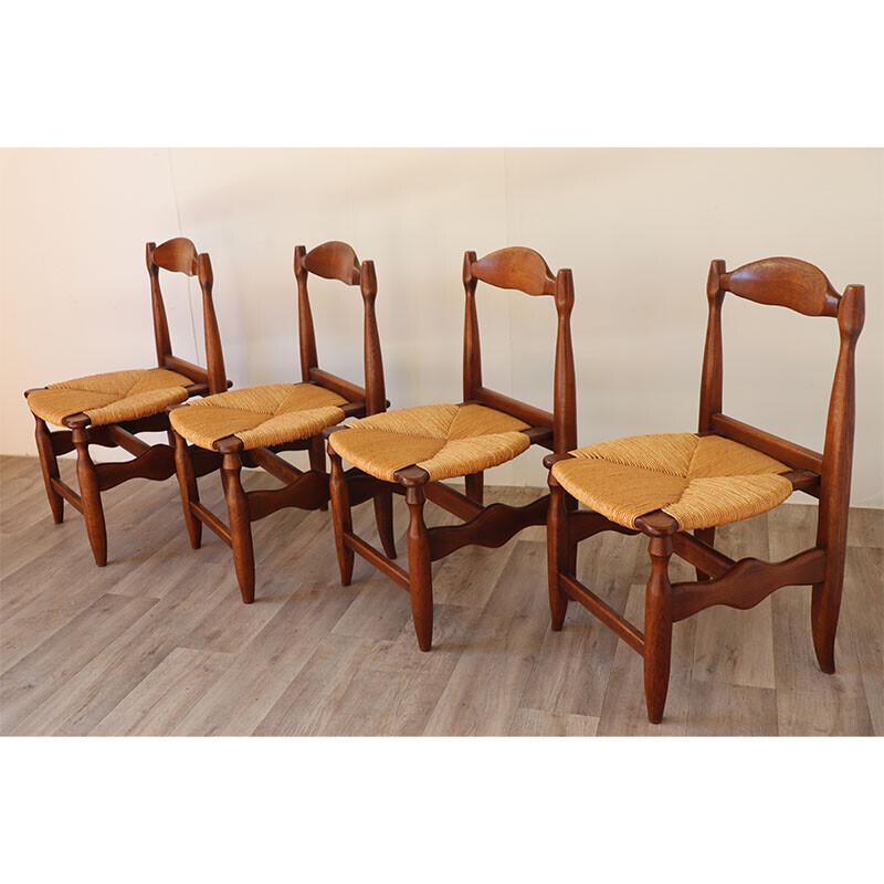 Set di 4 sedie vintage in rovere e paglia di Guillerme et Chambron per Votre Maison, 1960