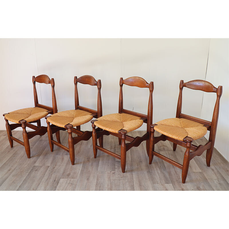 Lot de 4 chaises vintage en chêne et paille par Guillerme et Chambron pour Votre Maison, 1960