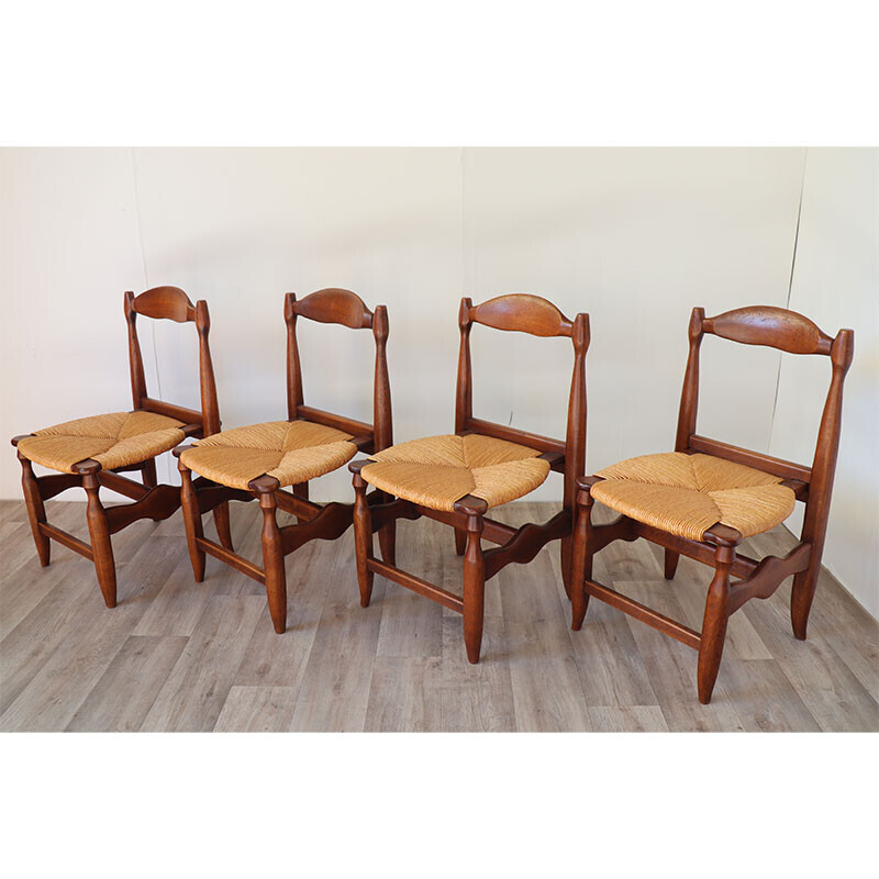 Set of 4 vintage oakwood and straw chairs by Guillerme et Chambron for Votre Maison, 1960s