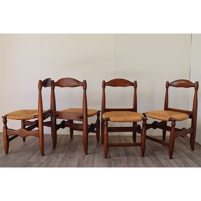 Juego de 4 sillas vintage de roble y paja de Guillerme et Chambron para Votre Maison, 1960
