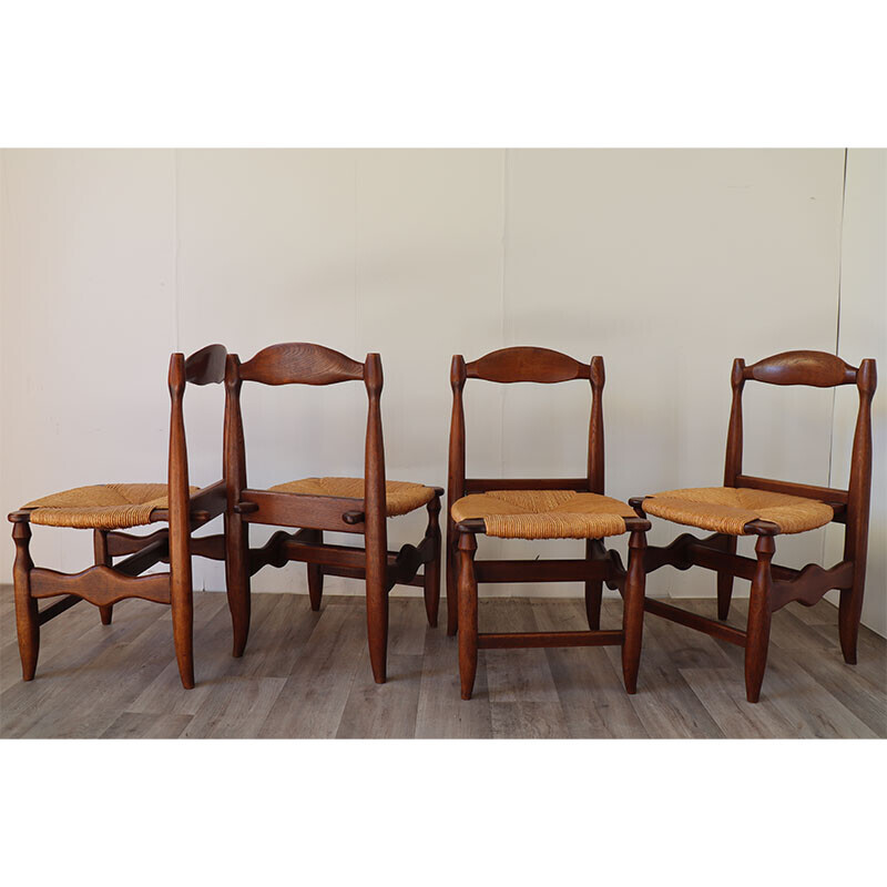 Set of 4 vintage oakwood and straw chairs by Guillerme et Chambron for Votre Maison, 1960s