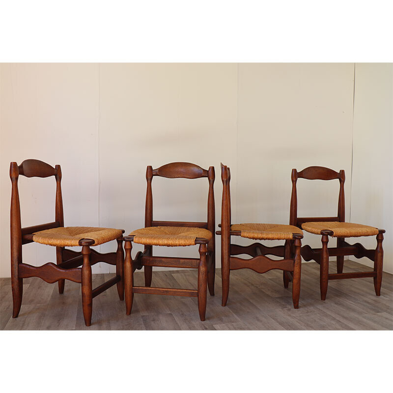 Set of 4 vintage oakwood and straw chairs by Guillerme et Chambron for Votre Maison, 1960s