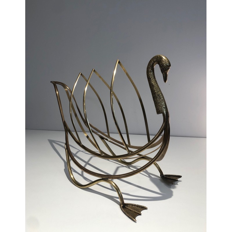 Vintage brass swan magazine rack, Italy 1940s